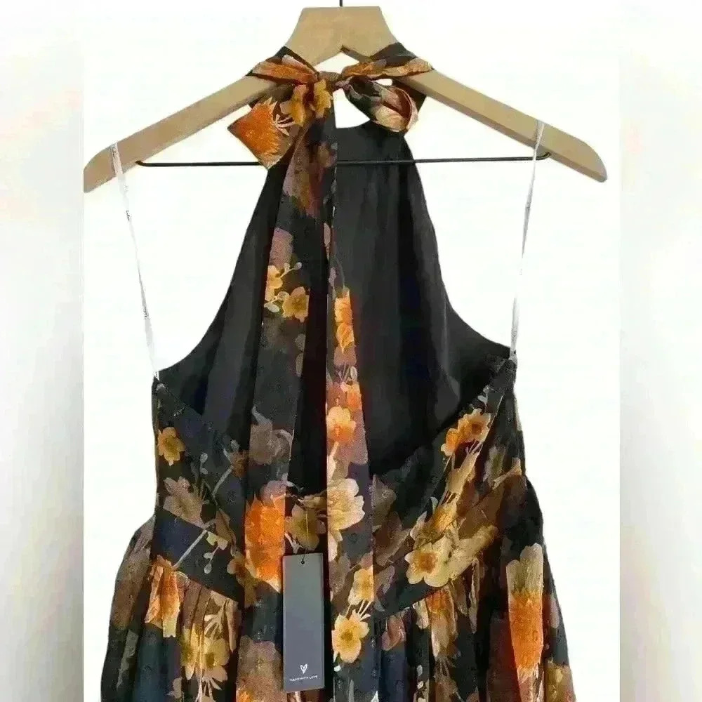 Lulu's Black Floral Midi Dress with Gold & Rust Blooms - Picture 3 of 9